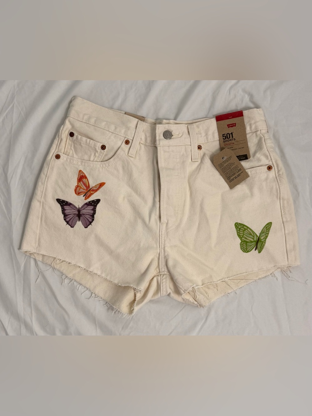 Levi's Cream Denim Shorts with Colorful Butterfly Prints